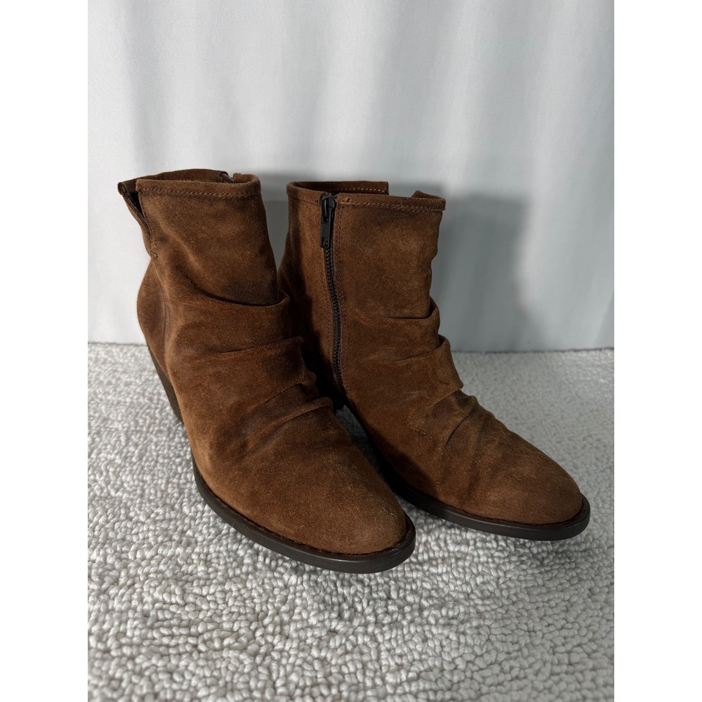 Born Brown Suede Ruched Ankle Boots Women Size 9.5 M Block Heel Side Zip